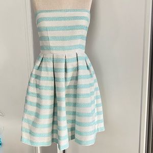 GORGEOUS metallic striped strapless minidress with turquoise, gold and silver